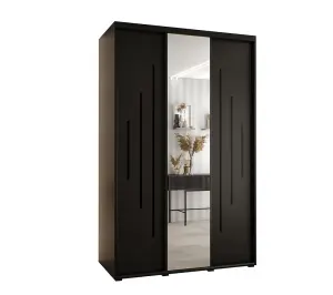 Sleek Black Mirrored Cannes XIII Sliding Wardrobe H2050mm W1500mm D600mm with Custom Black Steel Handles and Decorative Strips