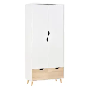 HOMCOM 2-Door Clothes Wardrobe w/ Rail Shelf 2 Storage Drawers Wood Feet White