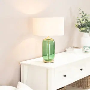 ValueLights Leigh Forest Green Glass and Gold Detail Table Lamp with Natural Drum Shade Light - LED Bulb Included