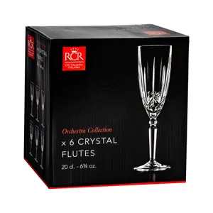 RCR Crystal - Orchestra Cut Glass Champagne Flutes Glasses Set - 200ml - Pack of 6