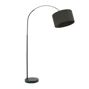 ValueLights Louis Black Arched Curved Floor Lamp with Charcoal Boucle Drum Lamp Shade