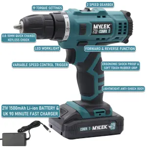 MYLEK 21V Cordless Drill With Two Li-ion Batteries And 29 Piece Accessory Set