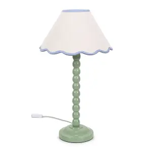 ValueLights Bobbles Sage Green Bobbin Table Lamp with Blue Trim Scallop Shade