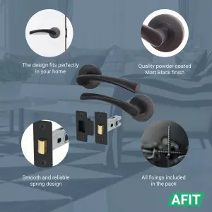 AFIT Matt Black Door Handle Latch Set - Pack of 5 Round Internal Door Handles & Latch (66mm) Lever on Rose Novi Range