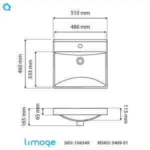 5409 Ceramic 50cm x 45cm Thick-Edge Inset Basin with Scooped Full Bowl