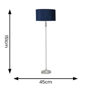 ValueLights Maggie Brushed Chrome Silver Candlestick Floor Lamp with Navy Blue Velvet Lamp Shade