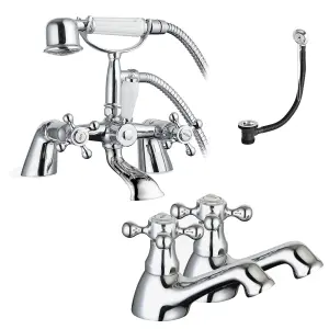 Sterling Traditional Bath Shower Mixer & Basin Tap Pack Hot & Cold Pair Inc. Bath Waste - Chrome