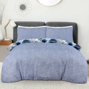 Sleepdown Inky Floral Blue Duvet Set Quilt Cover Reversible Polycotton Bedding Double