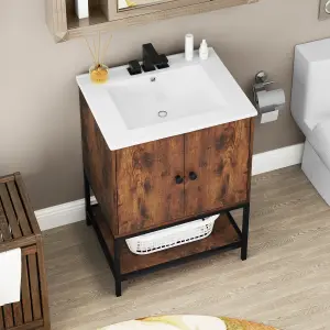 COSTWAY Bathroom Vanity Unit with Basin Rustic Floor Basin Cupboard Ceramic Sink