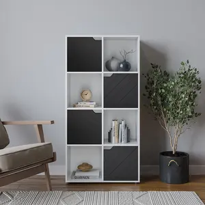 URBNLIVING 119cm Height White Wooden 8 Cube Bookcase Shelving with 4 Black Line Door Shelf Storage Cupboard Display Unit