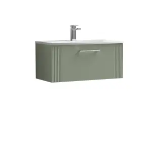 Retro 1 Drawer Wall Hung Vanity Unit with Curved 1 Tap Hole Ceramic Basin - 800mm - Satin Green - Balterley