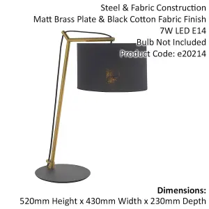 Brass Plated Angular Table Lamp Light - Black Base & Cotton Shade - Desk Light