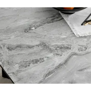 Industrial Design White & Grey Marble Effect Melamine Dining Table Set with 6 Luxury Velvet Chairs Grey/Silver