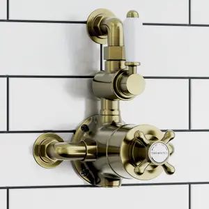 ENKI Downton Antique Brass Traditional Brass Thermostatic Twin Shower Valve with Return to Wall Bend T107