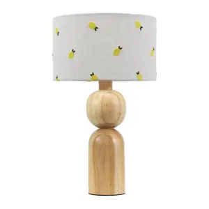 ValueLights Azalea Rustic Wooden Table Lamp with Lemon Embroidered Drum Shade and LED Bulb