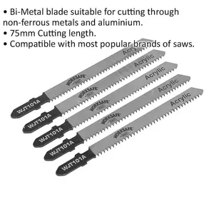 5 PACK 75mm Bi-Metal Jigsaw Blade - 12 TPI - Non Ferrous Metal Aluminium Cutting