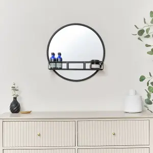 Melody Maison Round Matte Black Mirror With Shelf - 50cm x 50cm