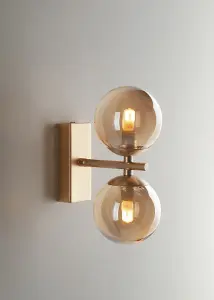 Luminosa Honey Twin Globe Wall Light, Brass Satin With Champagne Diffusers, G9