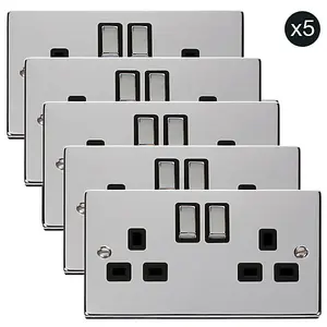 5 PACK - Polished Chrome 2 Gang 13A DP Ingot Twin Double Switched Plug Socket - Black Trim - SE Home