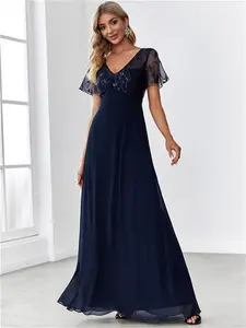 Ever-Pretty Floral Sequin Chiffon Wedding Guest Dress With Sleeves Polyester