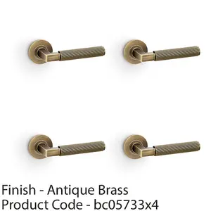 4 PACK - SOLID BRASS Reeded Door Handle Set - Antique Brass Angled Lever on Round Rose