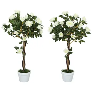 Outsunny Set of 2 90cm Artificial Rose Tree, Fake Decorative Plant, White