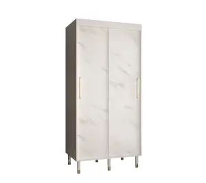 Bergen Contemporary 2 Sliding Door Wardrobe Gold Handles Marble Effect 5 Shelves 2 Rails White (H)2080mm (W)1000mm (D)620mm