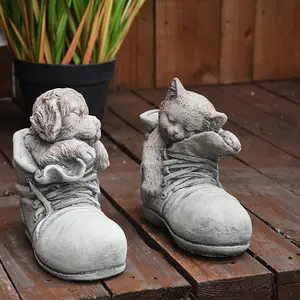 Super cute Pair of Stone cast Cat and Dog in Shoes