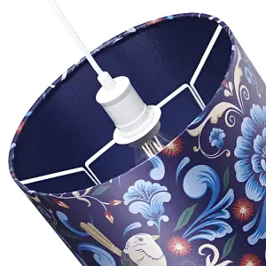 Vivid Floral Midnight Blue Satin Fabric 12 Drum Lamp Shade with Bird Decoration