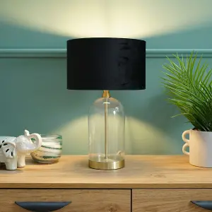 ValueLights Jessy Glass and Gold Metal Bedside Table Lamp with a Black Velvet Lampshade