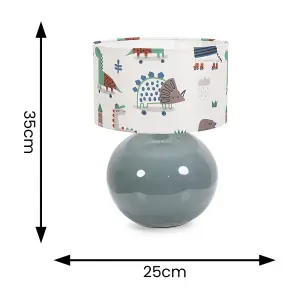 ValueLights Bosco Eucalyptus Ceramic Table Lamp with Cartoon Dino Drum Shade