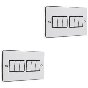 2 PACK 6 Gang Multi Light Switch POLISHED CHROME & BLACK 2 Way 10A Metal Rocker