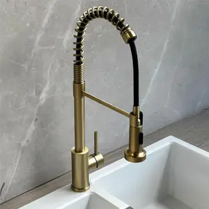 Liquida CT595BR Brushed Brass Spring Kitchen Mixer Tap With Pull Out Spray Head