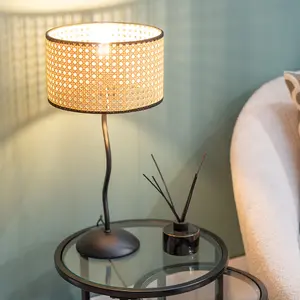 ValueLights Black Metal Wavy Single Stem Table Lamp with a Natural Cane Wicker Black Trim Shade