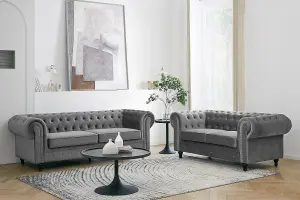 Chesterfield Pleat Velvet Fabric 2 Seater Sofa, Grey Velvet