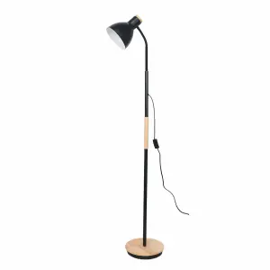 First Choice Lighting Clark Black with Wood Detail Flexi Arm Reading Floor Lamp