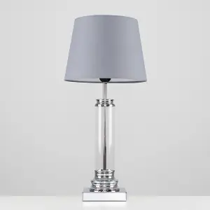 ValueLights Knowles Modern Clear Glass Column Design Touch Table Lamp with Grey Shade