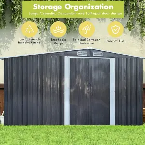 8.4 x 8.5 ft Metal Shed Garden Storage Shed Apex Roof Double Door with 8.5 x 2.1 ft Log Store,Black