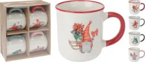 URBN-CHEF 200ml Set of 4 Xmas Christmas Gnome Design Small Porcelain Mugs Coloured Handles