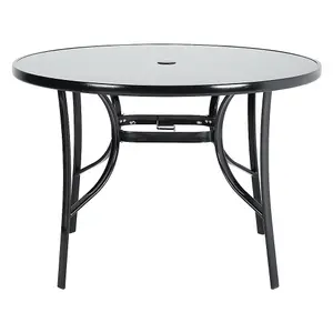 Black Round Tempered Glass Top Garden Bistro Dinging Table with Metal Frame and Umbrella Hole Outdoor 105 cm