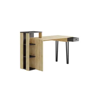 Decortie Modern Loyd Study Desk Large Workspace Built-in Bookshelves Drawer Oak Anthracite Grey Width 141cm