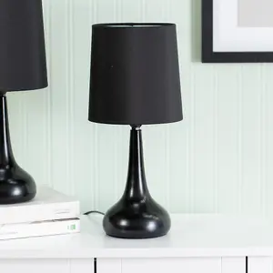 Pair - Black Teardrop Touch Dimmer Table Lamps with Black Shade for Bedside Table Bedroom Light - LED Bulbs Included