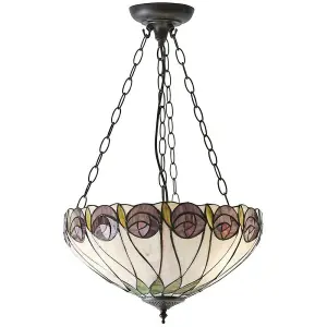 Tiffany Glass 3 Ceiling Light Pendant - Mackintosh Style Rose - Dark Bronze Finish