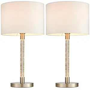 2 PACK Walnut Table Lamp Light Chrome Mink Silk Shade Round Base Desk Sideboard