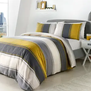 Polyester Striped Duvet Cover Set with Pillowcases Ochre / Super King Duvet Cover