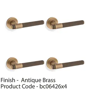 4 PACK - SOLID BRASS Knurled Door Handle Set - Antique Brass Bar Lever on Round Rose