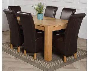 Kuba 150 x 85 cm Chunky Medium Oak Dining Table and 6 Chairs Dining Set with Montana Brown Leather Chairs