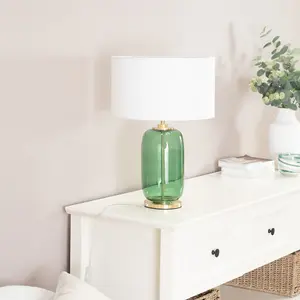 ValueLights Leigh Forest Green Glass and Gold Detail Table Lamp with White Drum Shade Light - LED Bulb Included