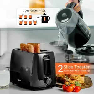 Geepas 650W 2 Slice Bread Toaster & 2200W Illuminating Electric Kettle Combo Set, 2 year warranty- Black