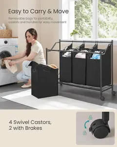 SONGMICS Laundry Basket on Wheels, 4 Removable Sorting Bags, Laundry Trolley, Hamper for Bedroom, Bathroom, Laundry, Ink Black